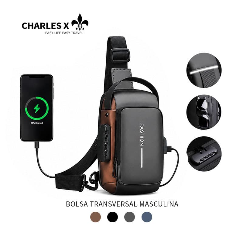 CHARLES X Pochete Transversal Multifuncional com Cadeado Antifurto com Senha e Porta USB