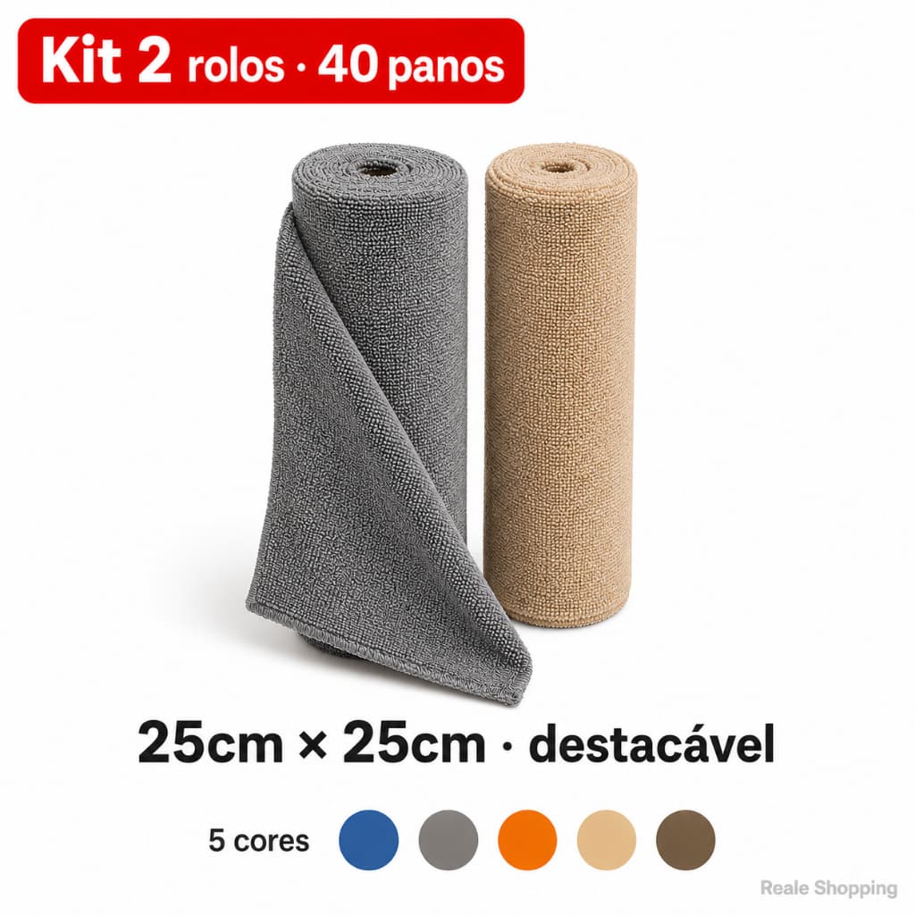 Kit 2 Rolos Pano Microfibra em Rolo Destacável 25cm x 25cm 40 panos