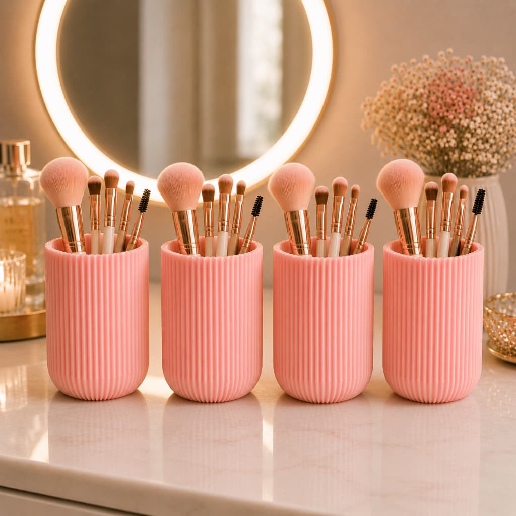 Kit Porta Pinceis Organizador Canelado Escova de Dente Caneta Pote Multiuso Rosa