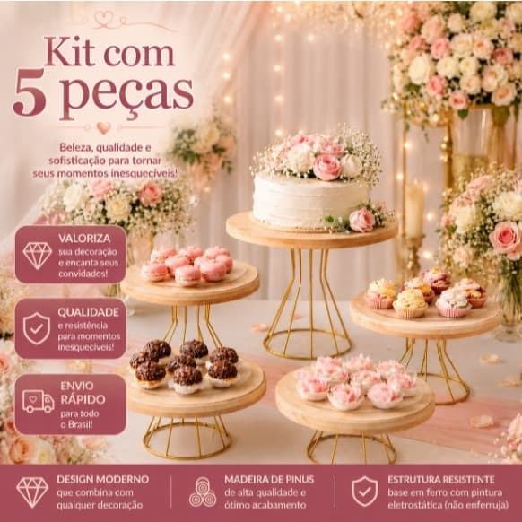 Kit Boleira e Doceiras para Festa Suportes para Doces – Base de Madeira e Metal Dourado