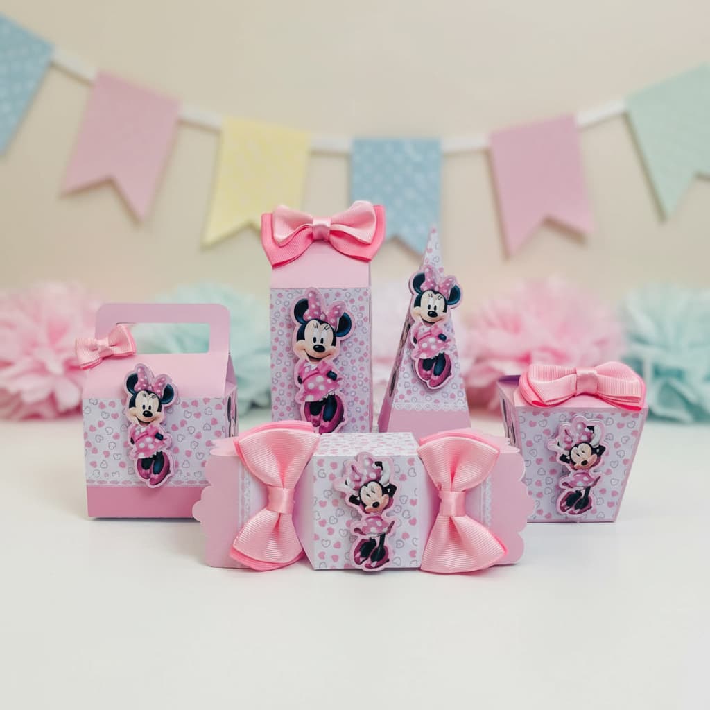 Kit Festa Pegue e Monte - Lembrancinhas Personalizadas MINNIE ROSA - Aniversário - Caixa Milk Personalizada