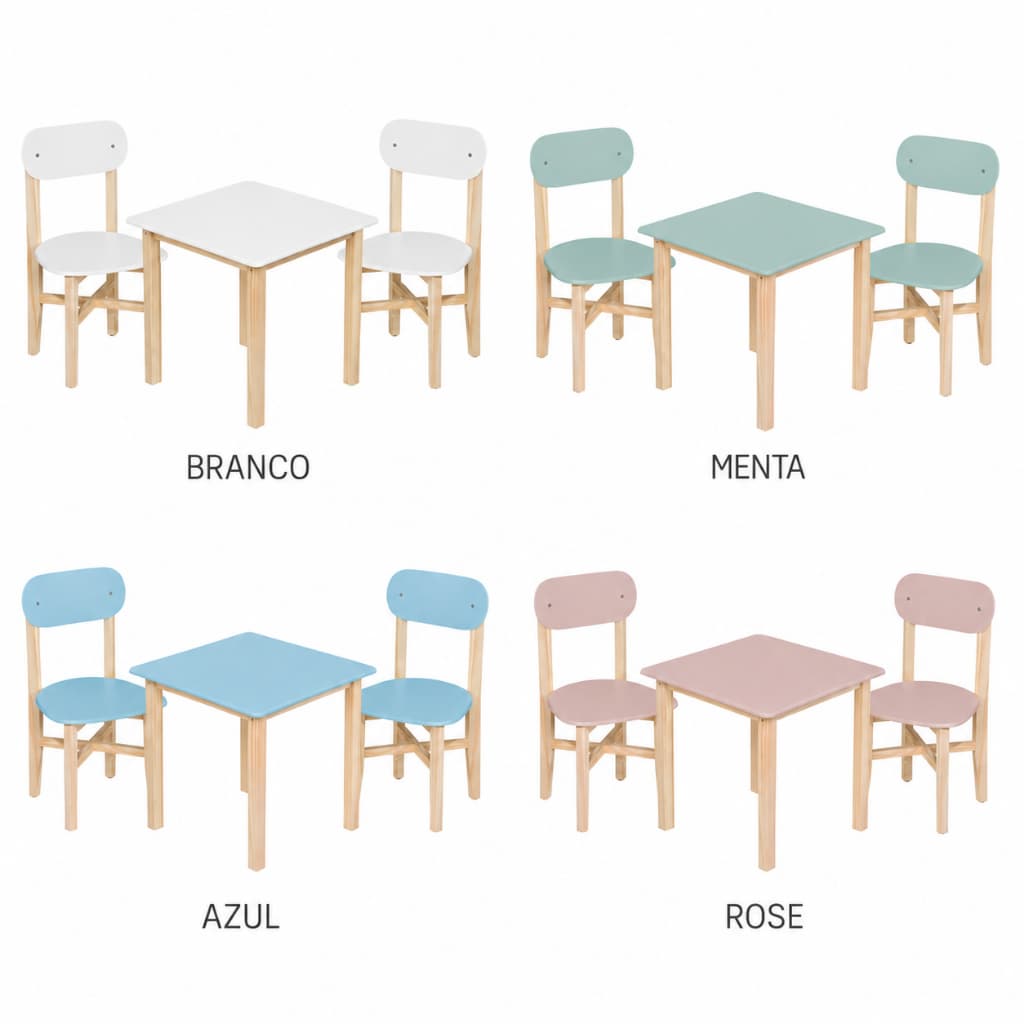 Kit 2 Cadeiras + Mesa Quartos Creches Escolas Madeiras Pinus Diversão Organização Aprendizado Durável Resistente Colore
