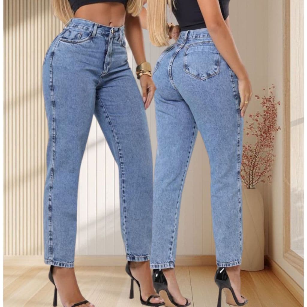 Calça Mom Jeans Feminina Cintura Alta Marmorizada 100% Algodão Levanta Bumbum Modelagem Premium
