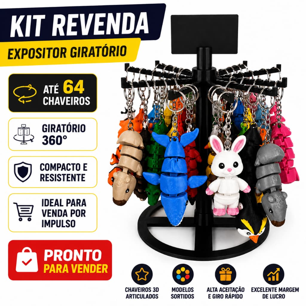 Kit Revenda Chaveiros Articulados 3D Com Expositor Giratório Lucro Extra