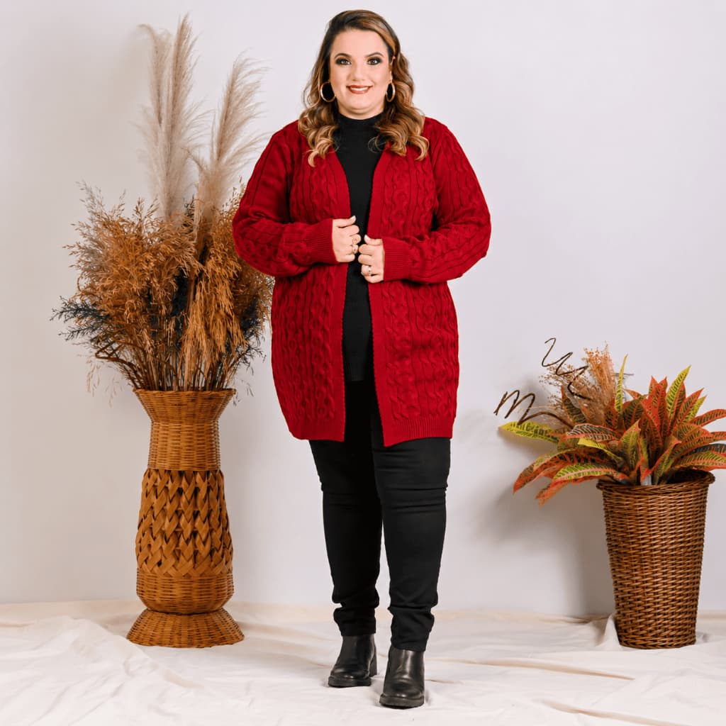 Casaco sobretudo plus size tricot de lã inverno longo de manga comprida
