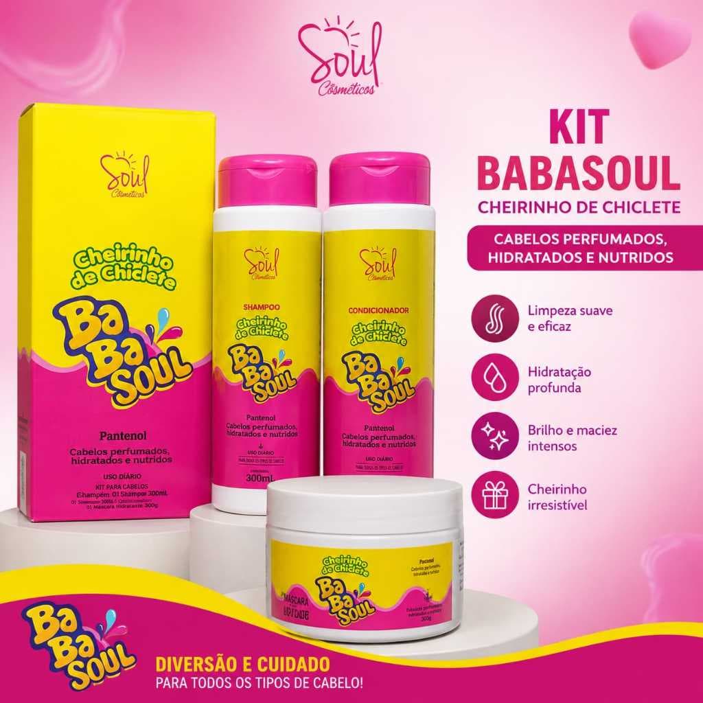Kit Capilar 03 produtos Cheirinhode Chiclete BabaSoul Tutti-frutti (Shampoo 300ml+ Condicionador 300ml+ Máscara 250ml)