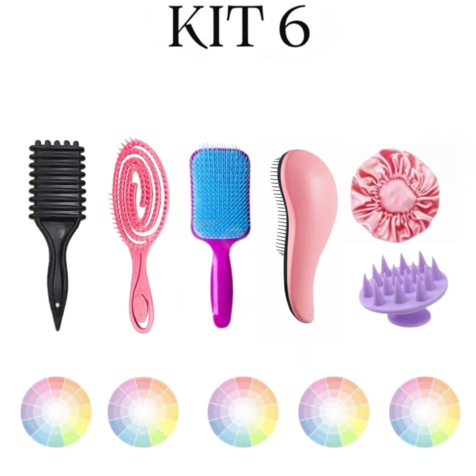 Kit 6 Escovas Flex/ Raquete Fashion /Onda/Escova Mágica /Massageador de Silicone e Touca de Cetim
