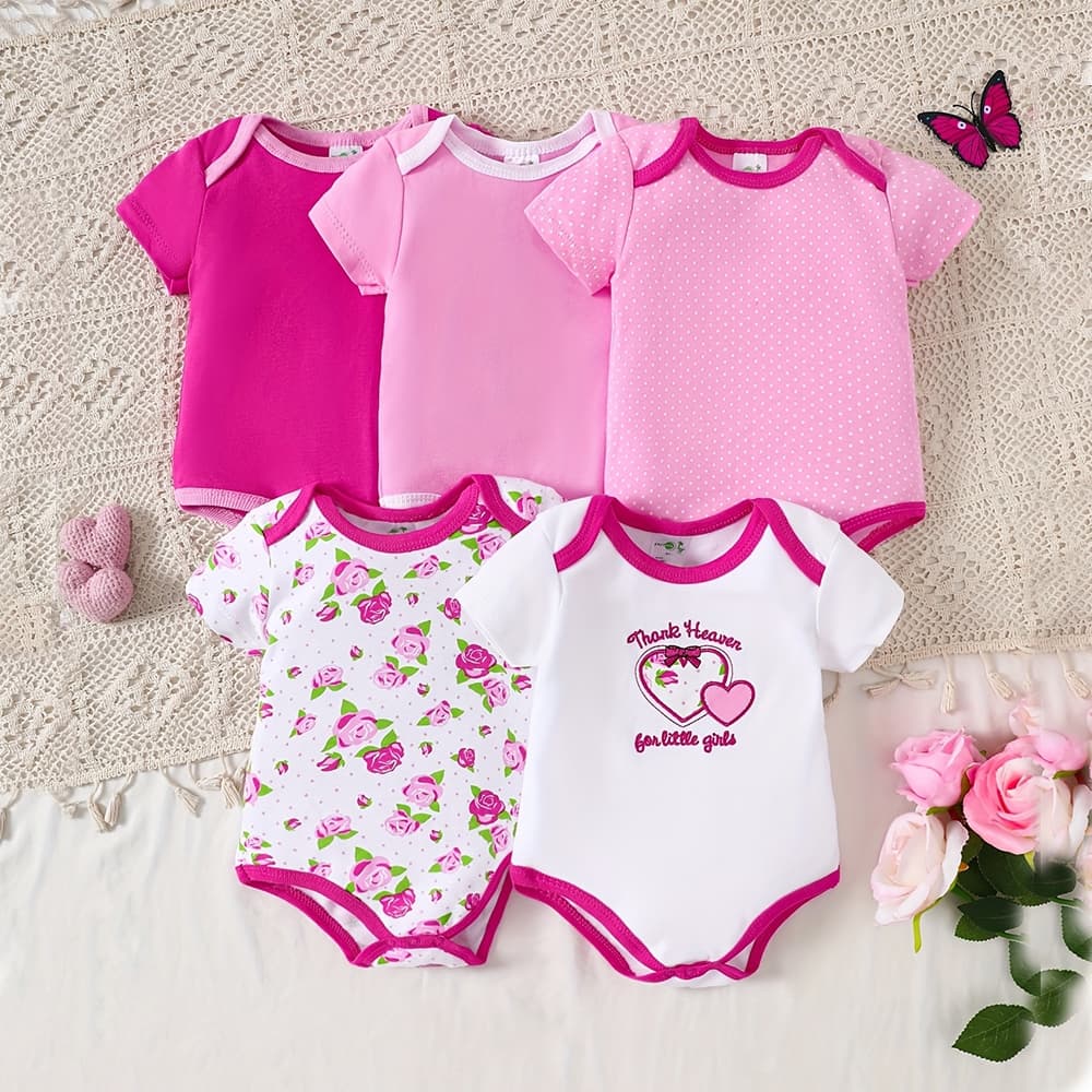 Pjamas De Bebê Kit 5 Peças Body Bebê Menina Manga Curta 0 a 12 Meses Confortável 100% Algodão Tema Rosa