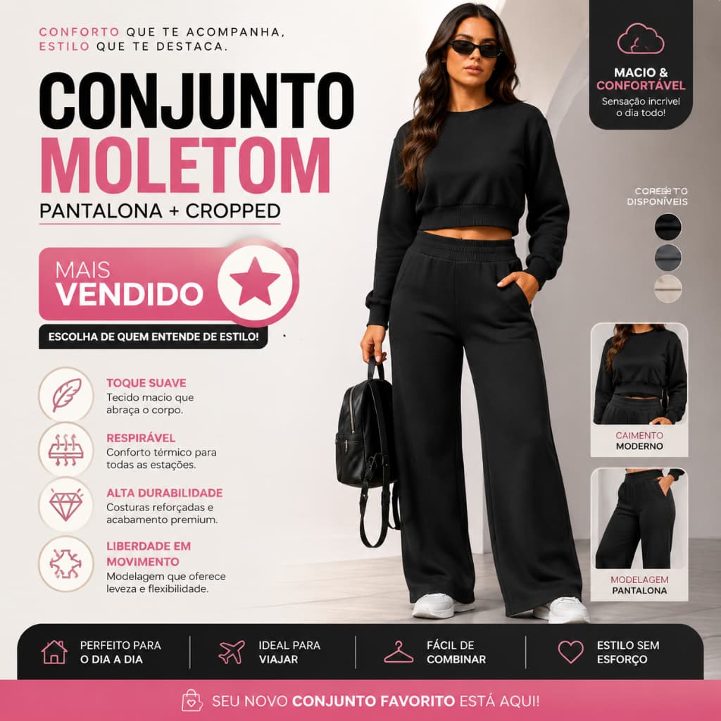 Conjunto Feminino Pantalona e Cropped Moletom