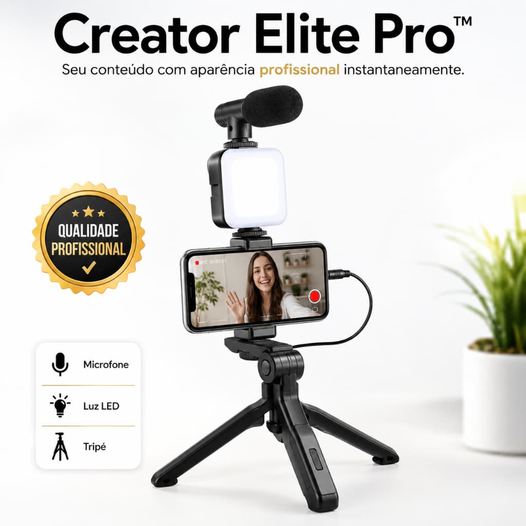 Kit Tripé Com LED Para Celular Gravação Vídeos Lives Youtuber Suporte Com Microfone E Iluminação