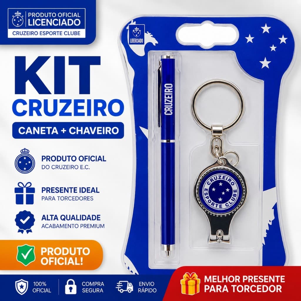 Kit Cruzeiro Caneta + Chaveiro Cortador Multiuso Oficial Original Presente Premium Torcedor Futebol
