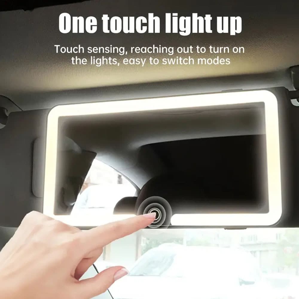 Espelho Carro Led Com Tela Touch Luz Para Maquiagem E Viseira Portátil 3 Modos Recarregável USB