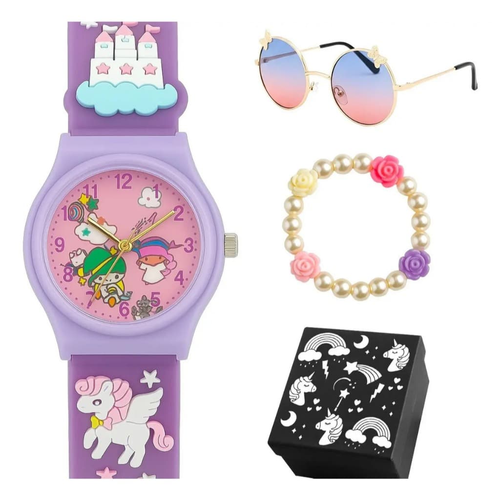 Relogio Infantil Roxo Silicone + Oculos Pulseira + Caixa Rox