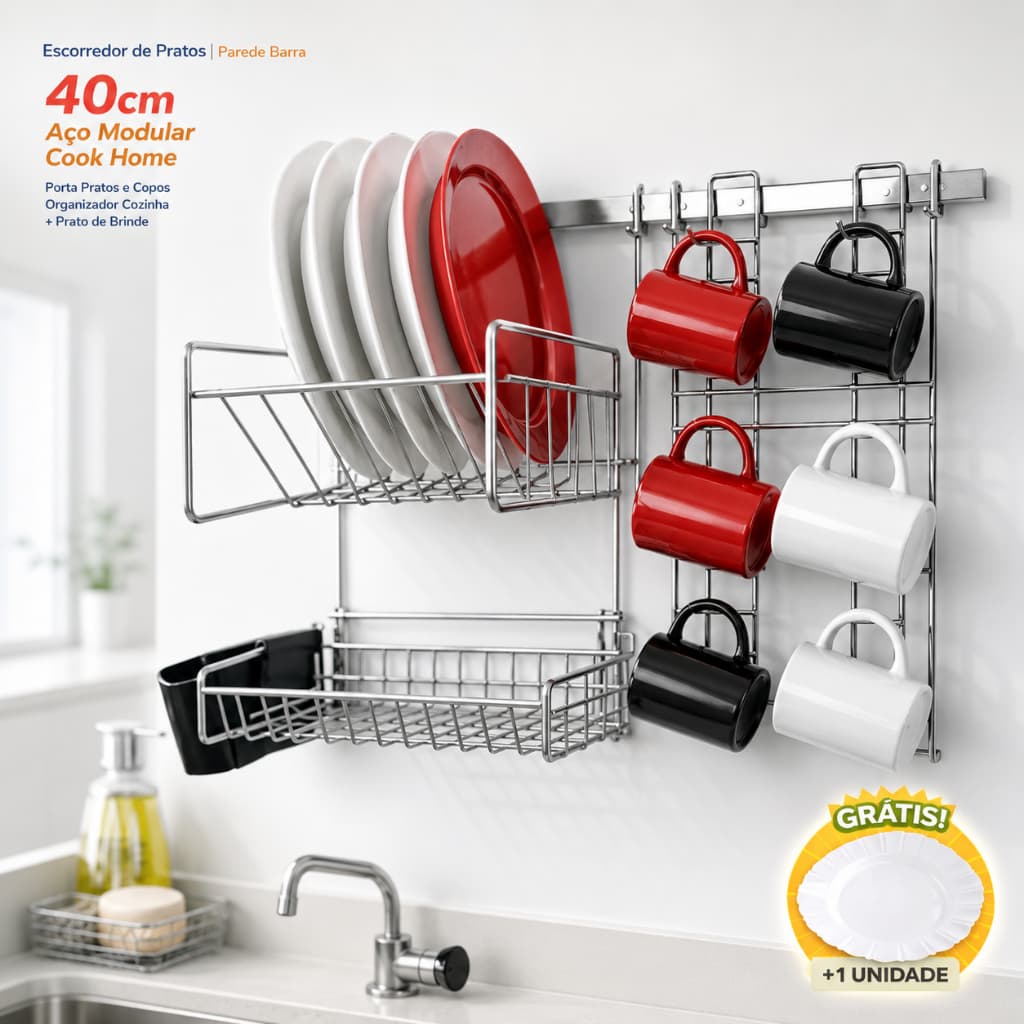 Escorredor 40cm Modular de Parede Barra Com Porta Copos + 1 Prato Grátis | P