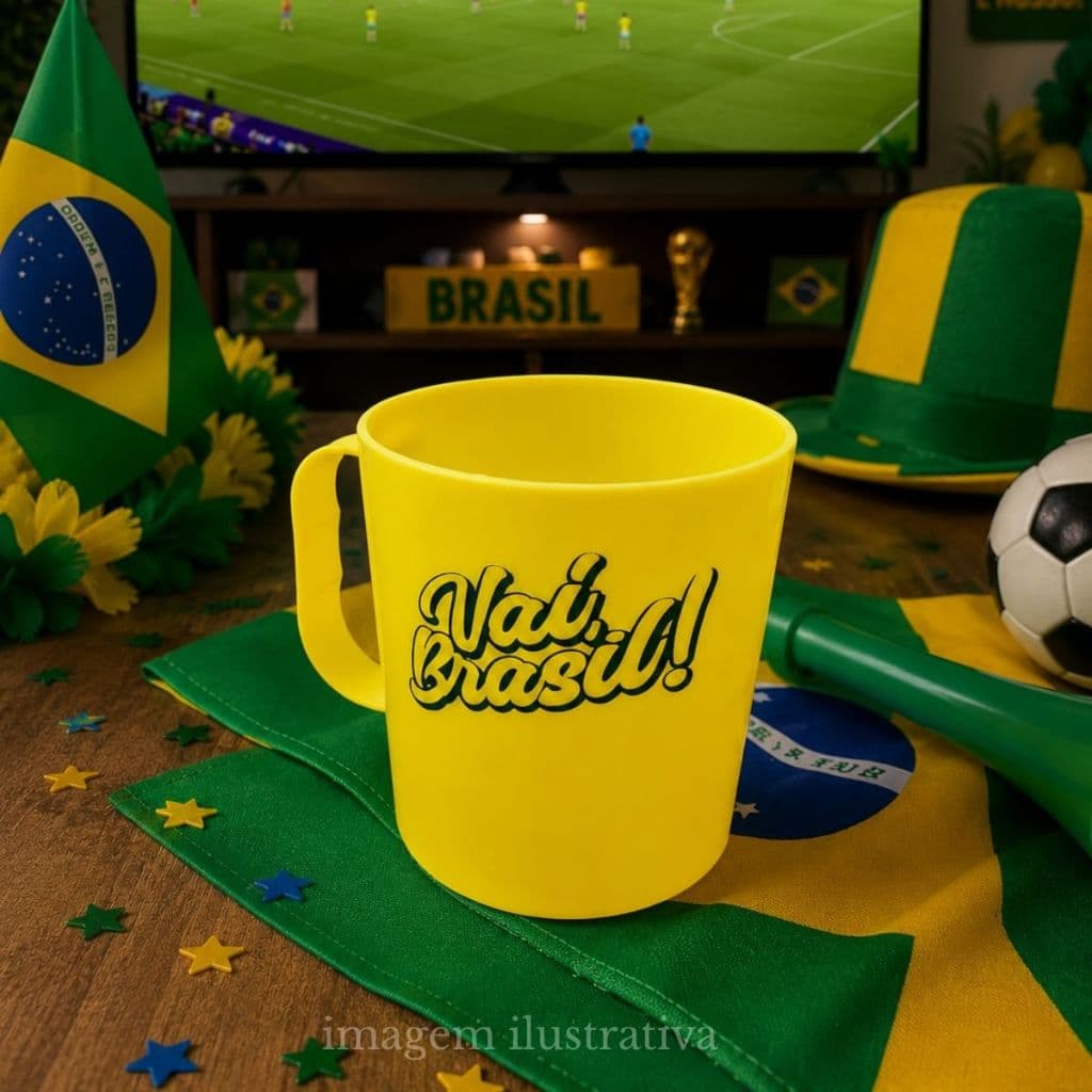 Kit de Canecas 400ml decoração para a Copa do Mundo Futebol seleção brasileira vai brasil atacado revenda