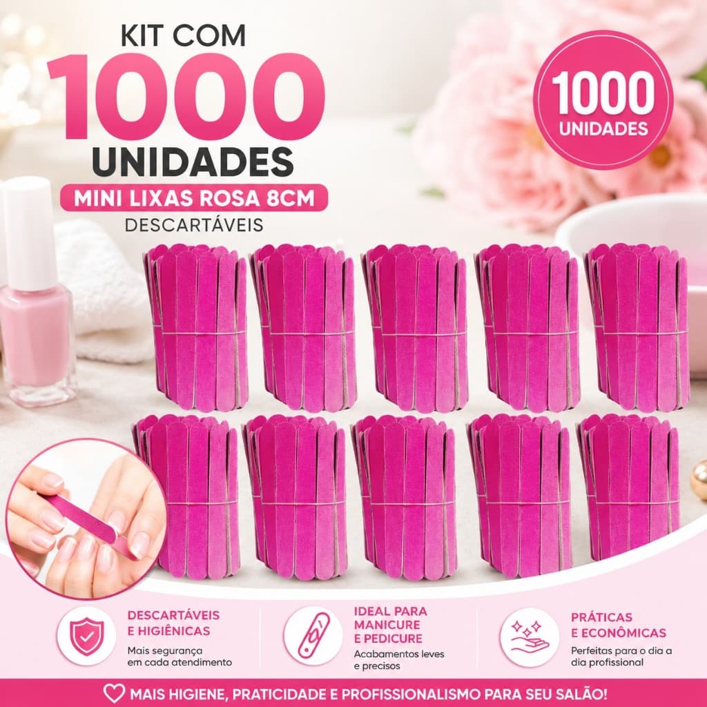 Mini Lixa De Unha Rosa Manicure Pedicure Descartáveis Profissional 8Cm 500 1000 1500 Unidades Pés e Mãos