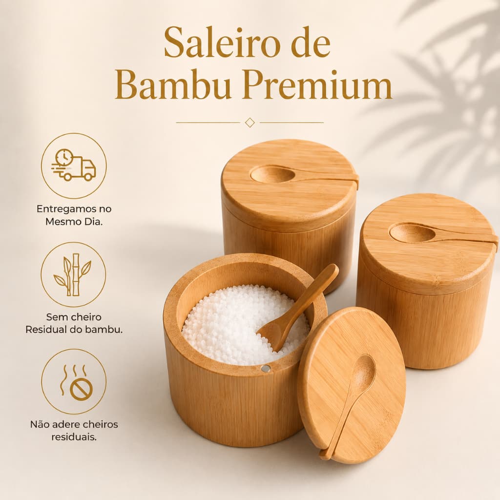 Saleiro De Bambu Redondo Tampa Giratória Magnética Cozinha Mantimentos