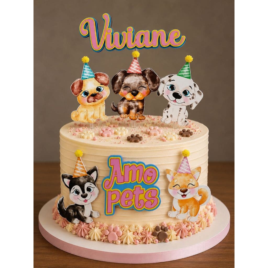 Topo de Bolo Pets Topper Amo Pets Topo de Bolo Cachorrinhos Topper animais