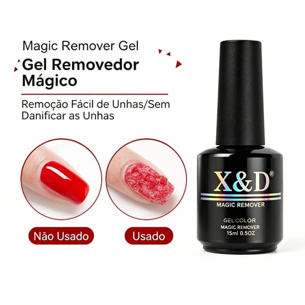Removedor Mágico de Esmalte em Gel X&D 15ml - Fórmula Suave, Sem Secar as Unhas