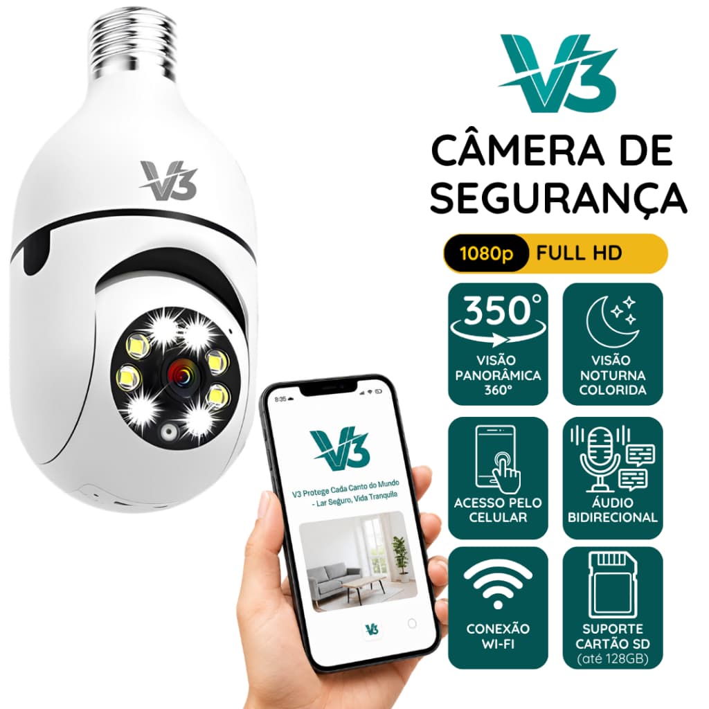 Câmera Segurança V3 Wifi 1080P 2MP Visão 350º Bivolt Audio Bidirecional Rastreamento Visão Colorida