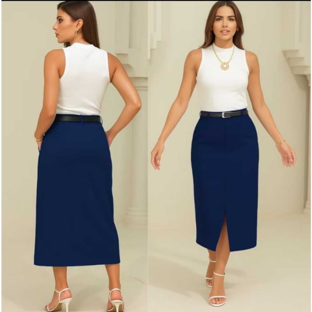 Saia Longa Evangélica Alfaiataria com Cinto e Bolso Lateral Zíper Lateral Moda Elegante