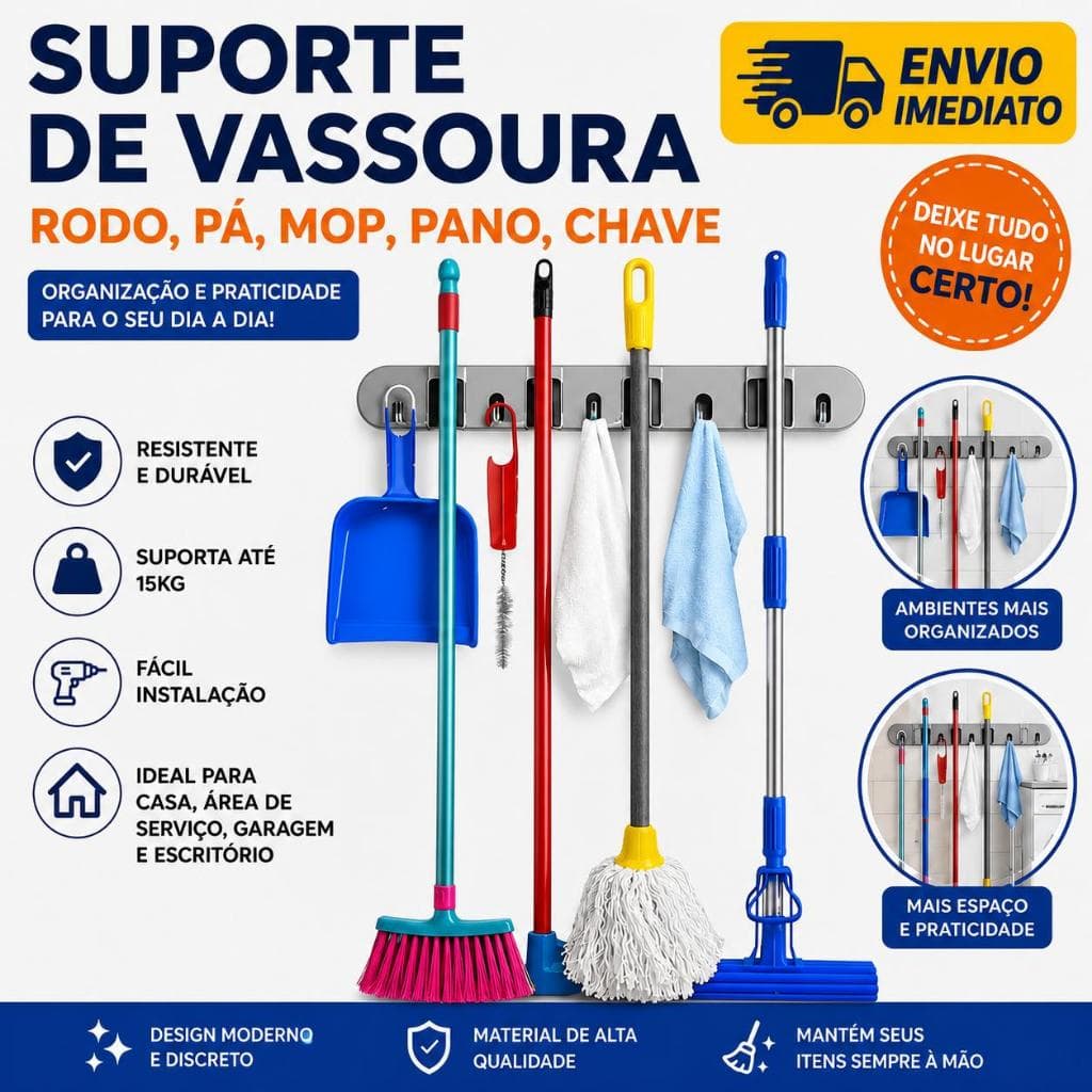 Suporte Parede Organizador Vassoura Rodo Pá Mop Pano Chave Cinza