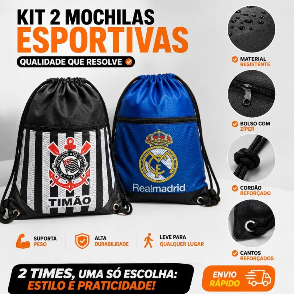 Kit 2 Mochilas Saco Times Futebol Com Zíper Resistente
