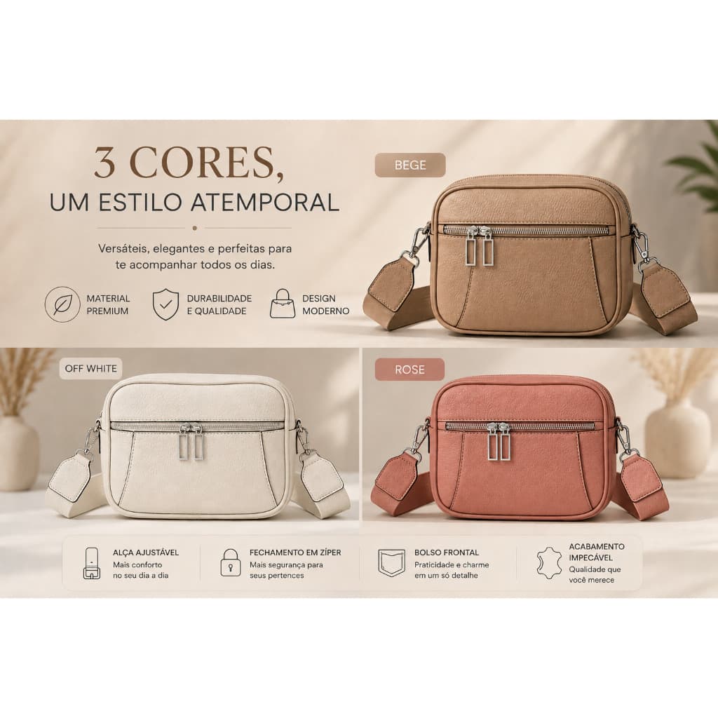 Bolsa Feminina Transversal OFF White Marrom Rose Couro Ecológico Alça Regulável Casual Moderna