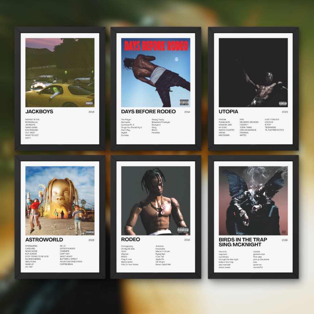 Quadro Decorativo Placas Travis Scott Com Moldura Discografia Album em MDF 30x20cm Full HD