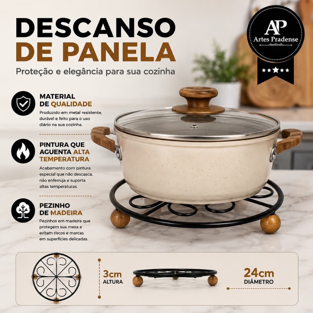 Kit 5 Descansos de Panela Redondo 24cm Em Metal Preto Com Pé De Madeira Resistente ao Calor Decorativo