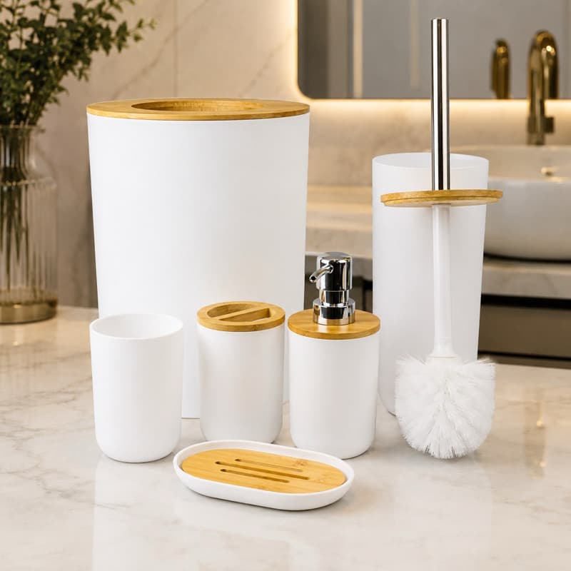 Kit Banheiro Luxo 6 Peças Branco com Bambu Organizador Completo Premium