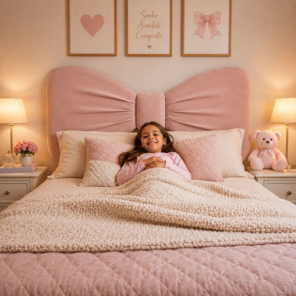 Cabeceira Laço Infantil Menina Estofada Para Cama Box Solteiro / Casal / Queen no Bouclê Rosa Decorativa