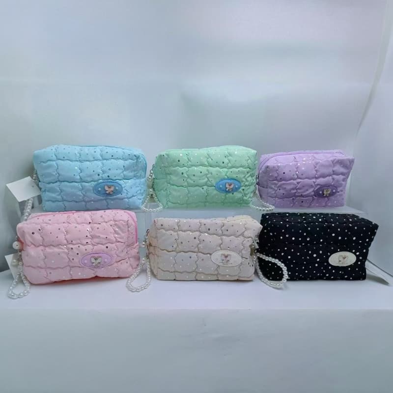 Estojo Necessaire para lapis e maquiagem, material impermeavel com pulceira de perola.