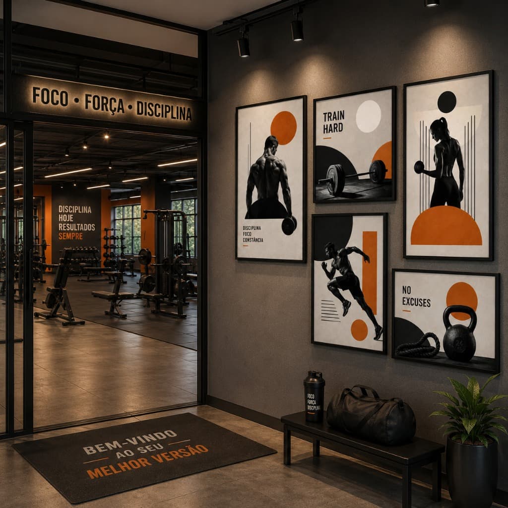Conjunto de 5 Quadros Decorativos Fitness Masculino e Feminino Motivacional para Academia Moderna