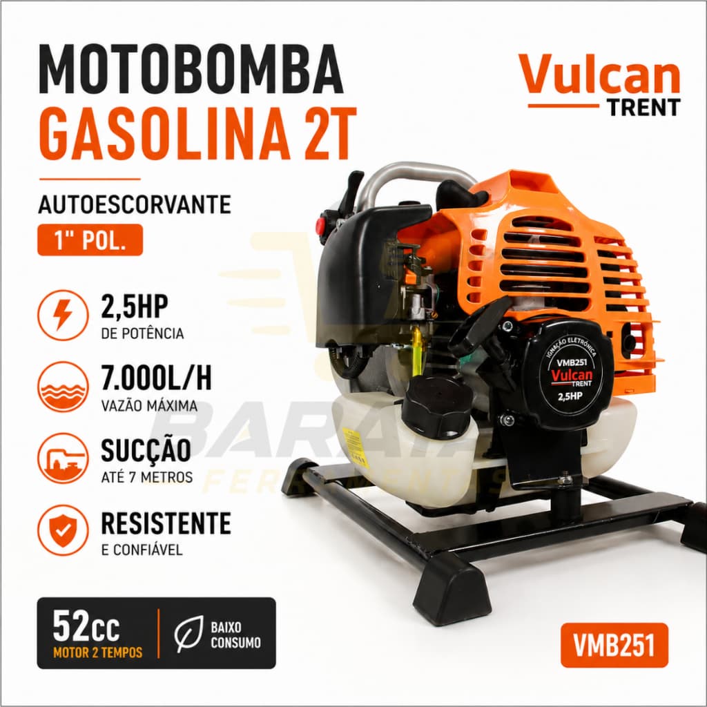 MOTOBOMBA GASOLINA 2T AUTOESCORVANTE 1'' POL. 52cc 2,5HP VMB251 VULCAN TRENT 2 Tempos