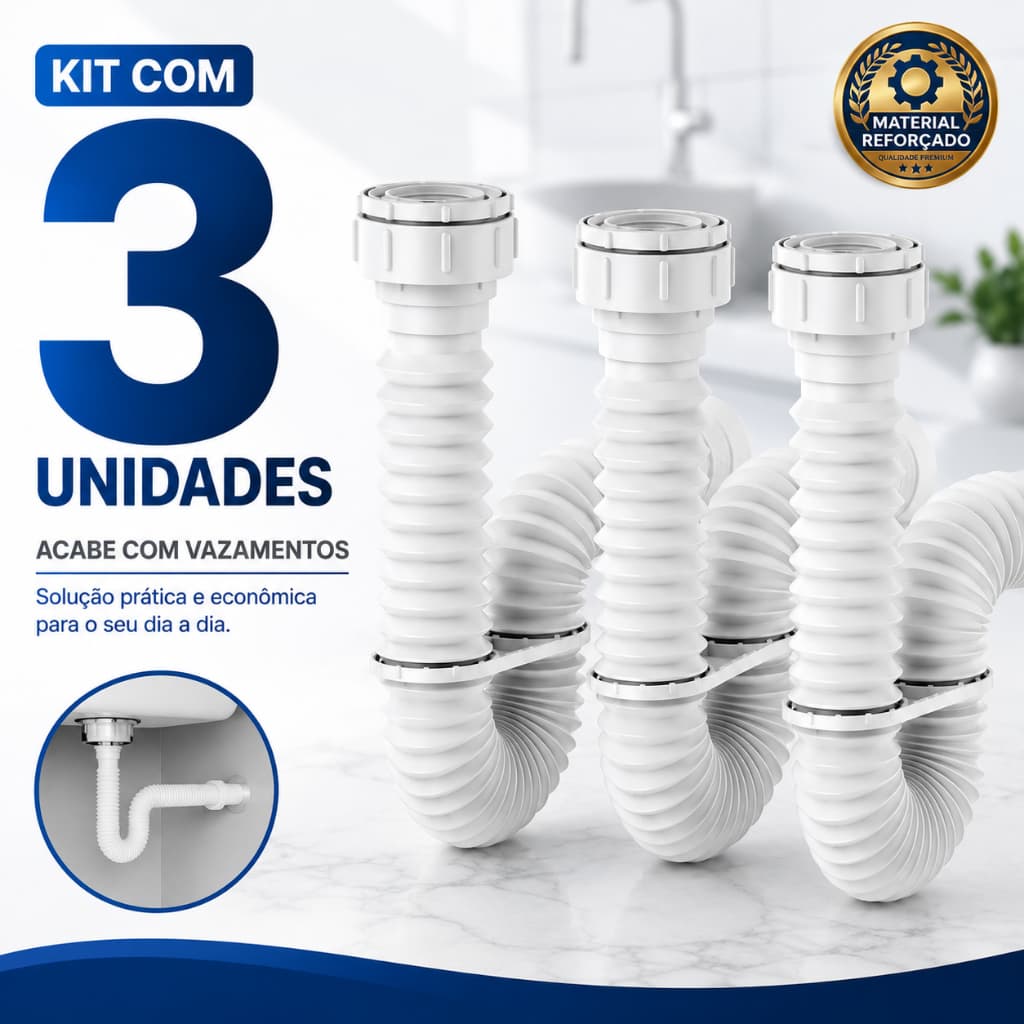 Kit 3 Sifão Sanfonado Universal 73cm Ajustável Para Pia Lavatório e Tanque