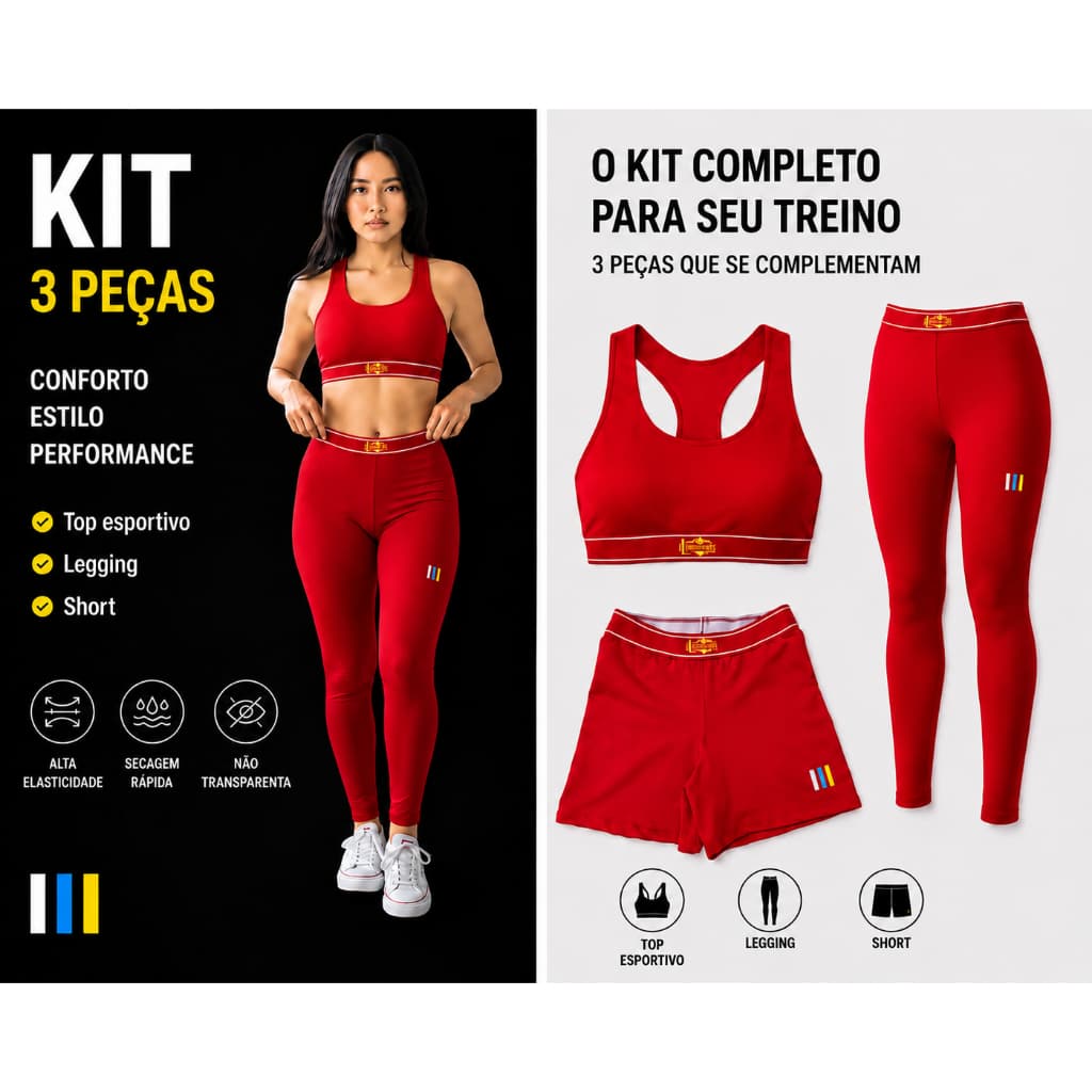 Kit Fitness Feminino 3 Peças Top Legging e Short Academia Poliamida