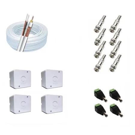 Kit Instalação Para 4 Câmeras Segurança Cabo Coaxial, Conectores + 4 Caixinhas Sobrepor
