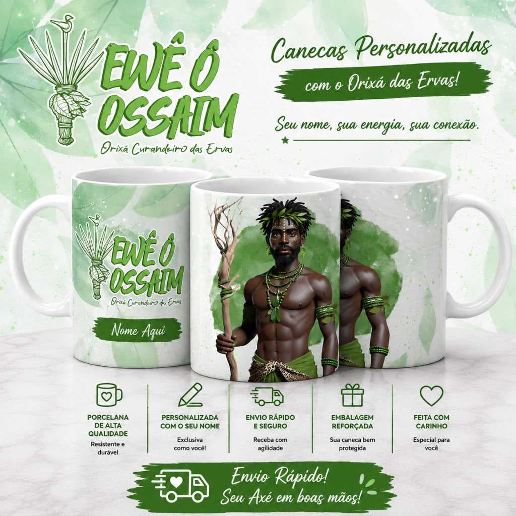 Caneca Ossaim Personalizada com Nome | Umbanda Axé Cadomblé Orixás | Ewê Ó Ossaim