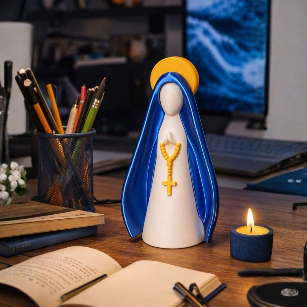 Escultura Decorativa Nossa Senhora com Manto Azul e Halo Dourado