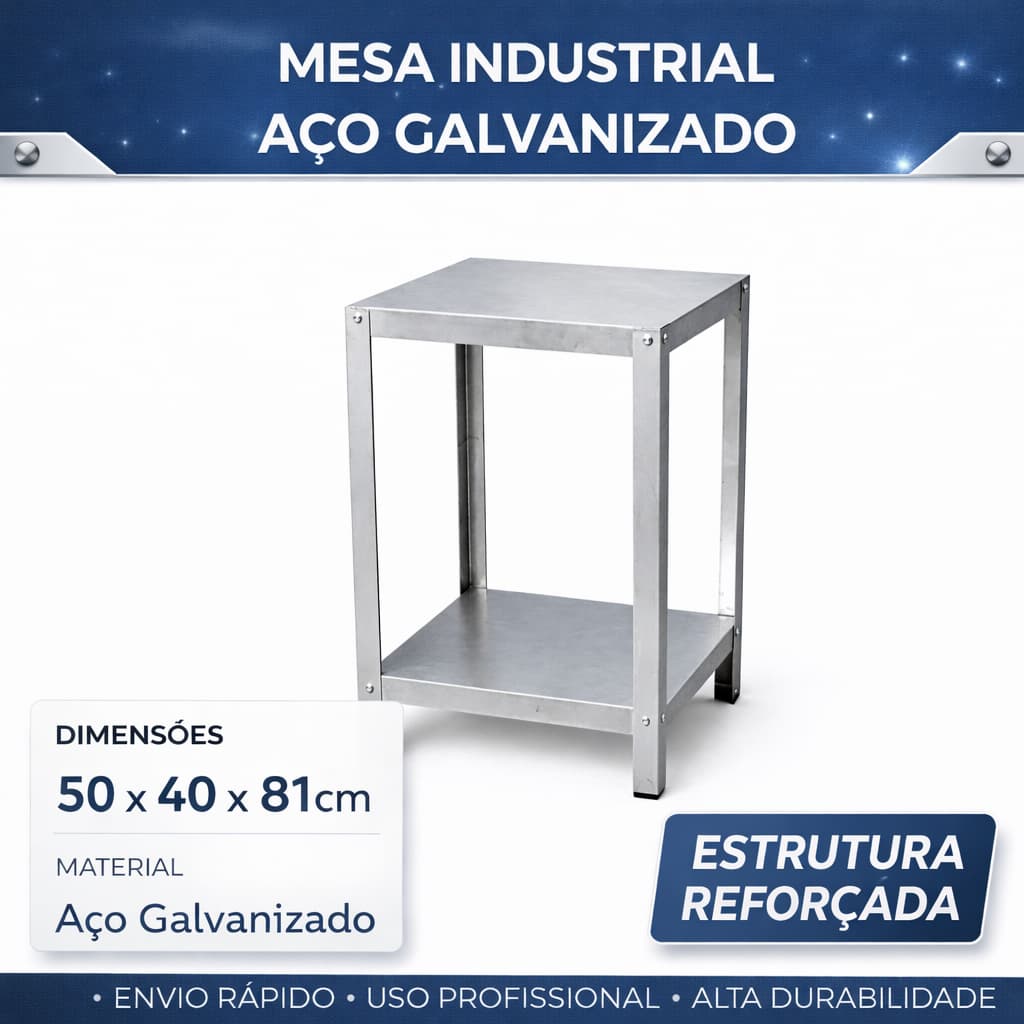 Mesa Auxiliar Industrial Galvanizada 50x40x85cm 2 Andares Reforçada para Cozinha