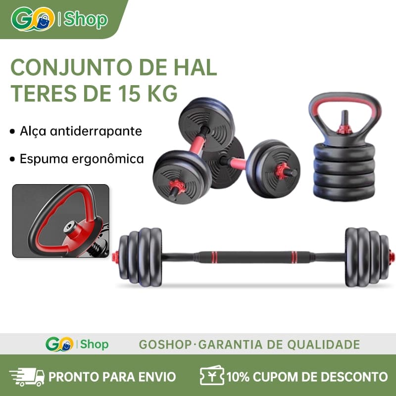 goshop 15kg Dumbbell Kit Kettlebell Bar 6 in 1 Weight Bodybuilding Home Workout