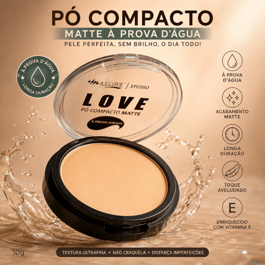 Pó Compacto Matte Max Love À Prova D’Água Controle de Oleosidade Efeito Natural Longa Duração