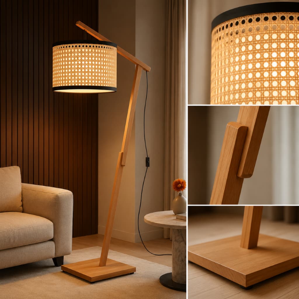 Luminária Decorativa Aurora 160cm Madeira Palha Sintética Natural Cúpulas 02 e 11