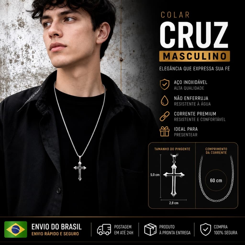 Colar Cruz Masculino Aço Titânio Prateado Corrente Elegante Presente Premium Luxo
