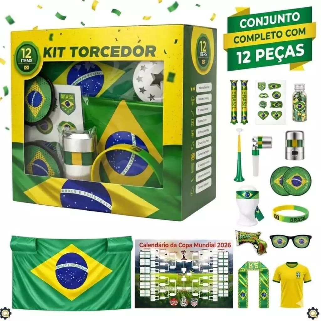 Kit Virginia Torcedor Brasil Copa Mundo 12 Itens Bandeira Óculos Corneta combo