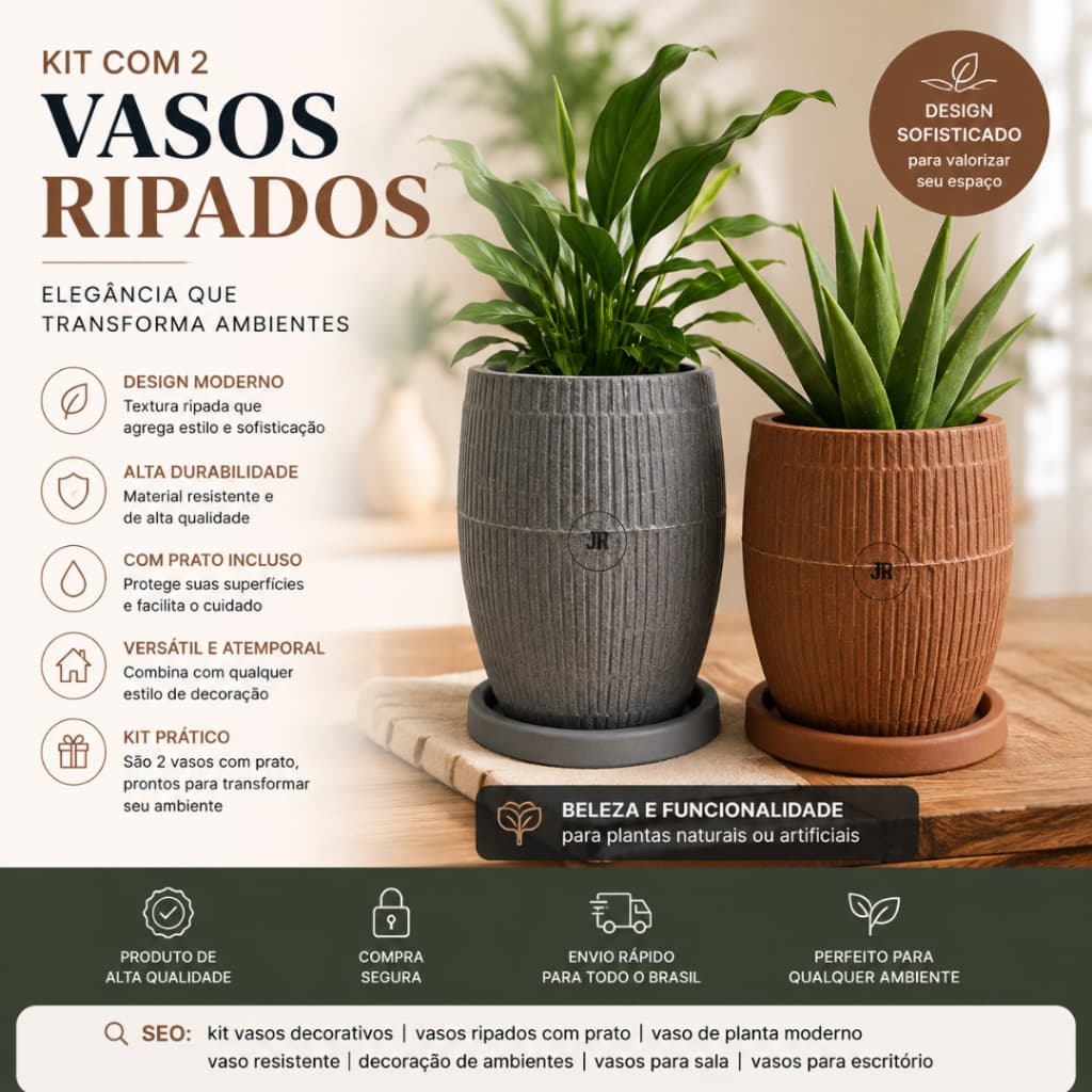 Conjunto Vasos Decorativos Luxo Kit 2 Unidades 43cm Polietileno Moderno Resistente Sala Jardim Varanda