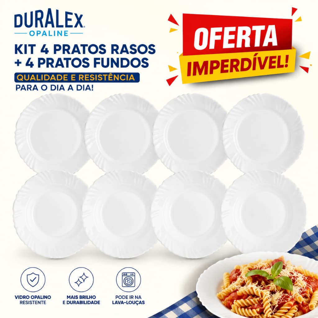 Kit 8 Pratos Pétala Duralex Vidro Resistente Opaline 4 Prato Fundo + 4 Prato Raso Jantar e  Almoço