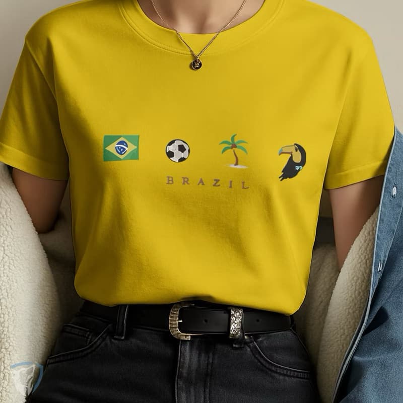 Camiseta Feminina Brasil Ícones Estampa Minimalista com Símbolos Brasileiros Camisa blusa T-shirt