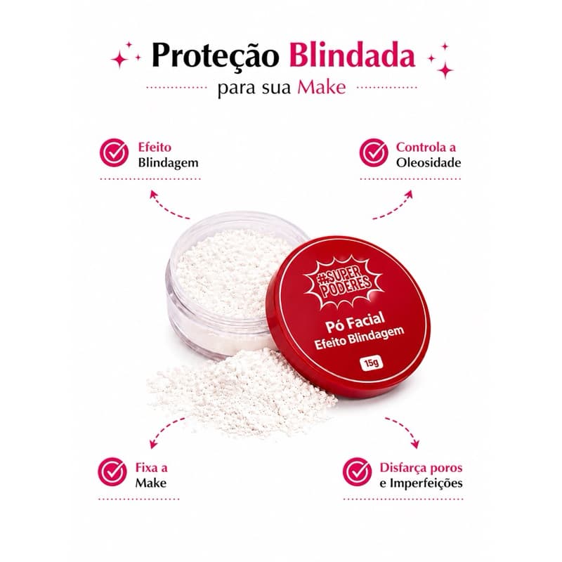 Pó Facial para Fixar a Maquiagem Efeito Blindagem Super Poderes Fixa, Matiza e Não Estoura no Flash.